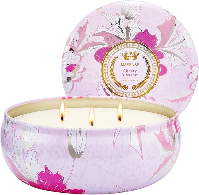 M&SENSE Cherry Blossom Scented Candles, Large 3 Wick Soy Tin Candle, Over 40 Hour Burning Time, 100% Natural Vegan Wax, Relaxing Aromatherapy Aesthetic Candle Gift for Women and Men