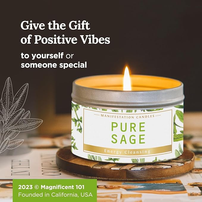 Magnificent 101 Long Lasting Pure Sage Scented Candle - 6 oz - 35 Hour Burn - Natural Soy Wax Smudge for House Energy Cleansing, Positive Vibes & Manifestation