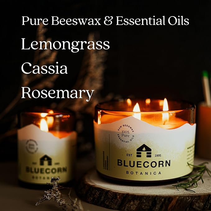 Bluecorn Beeswax Large 3-Wick Candle, 100% Pure Beeswax with Lemongrass, Cassia & Rosemary Essential Oils, Amber Glass, Soy Free Candle Wax, Long Lasting, Home Decor, American Made, 22 Oz, 1 Count