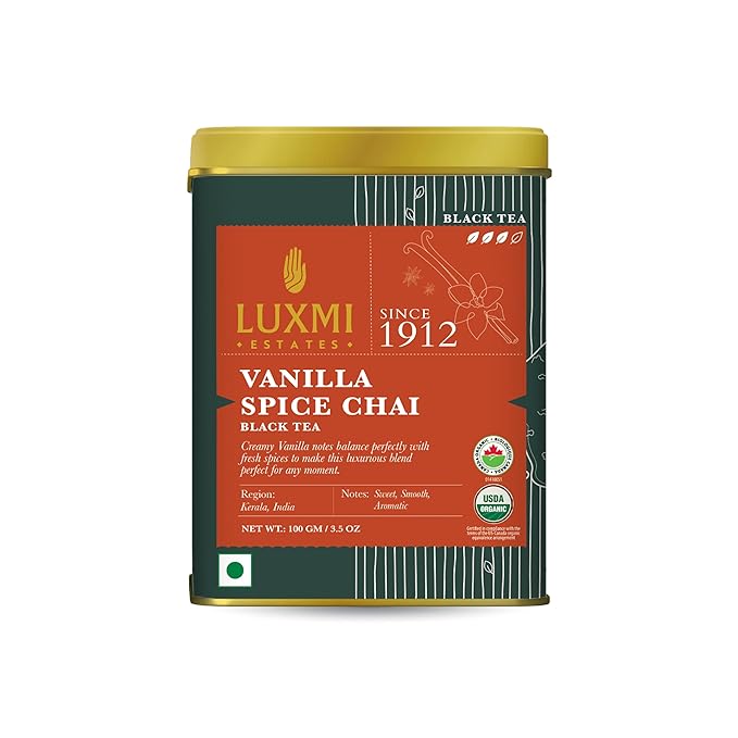 LUXMI Estates Vanilla Spice Chai 100Gm Loose Leaf Tin | Certified Organic Black Tea Leaf | Smooth, Flavorful, Robust, Caffeinated | Darjeeling & Assam Tea From India, 100 grams