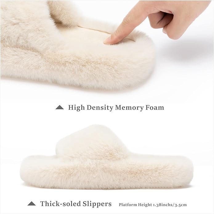 Chantomoo Women's Blue Memory Foam Faux Fur Lined Open Toe Slippers for Women - US 12