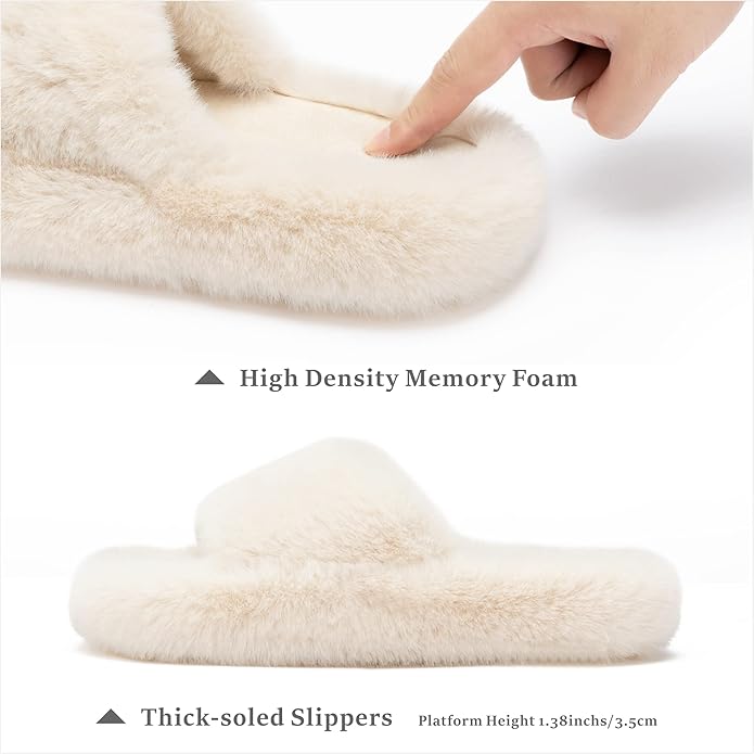 Chantomoo Women's Blue Memory Foam Faux Fur Lined Open Toe Slippers for Women - US 12