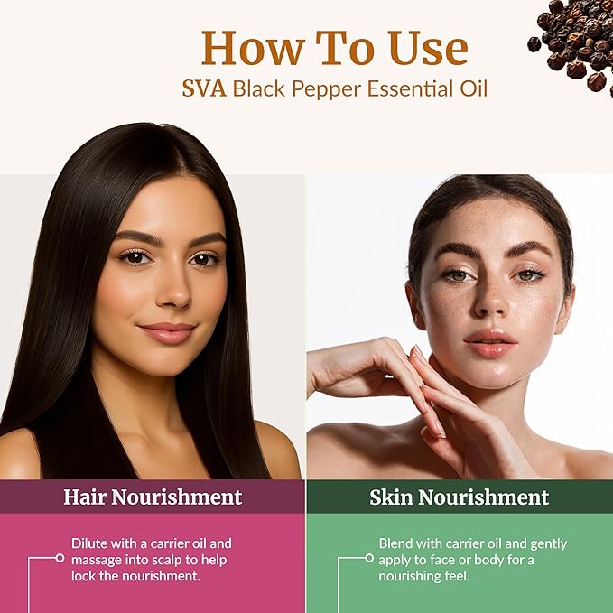 SVA Black Pepper Essential Oil – 4 Fl Oz – 100% Natural Black Pepper Oil - for Diffuser, Hair Care, Face, Skin Care, Aromatherapy, Scalp and Body Massage, Soap and Candle Making – with Dropper