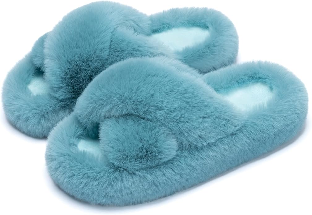 Chantomoo Women's Blue Memory Foam Faux Fur Lined Open Toe Slippers for Women - US 12