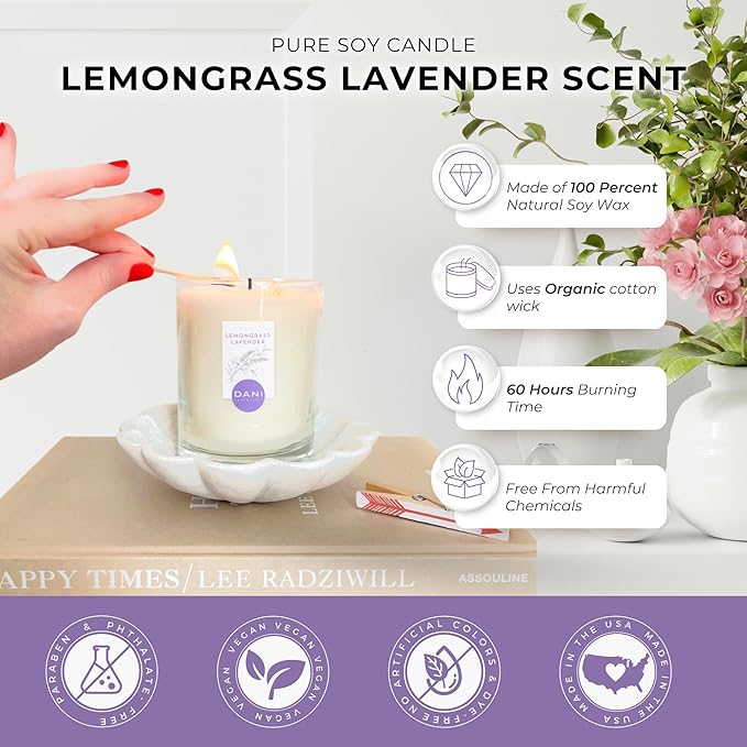 DANI Naturals Soy Candle - Lemongrass Lavender Scented, 100% Pure Soy Wax, Kosher, Non-Toxic, Long-Lasting Burn - 7.5 oz