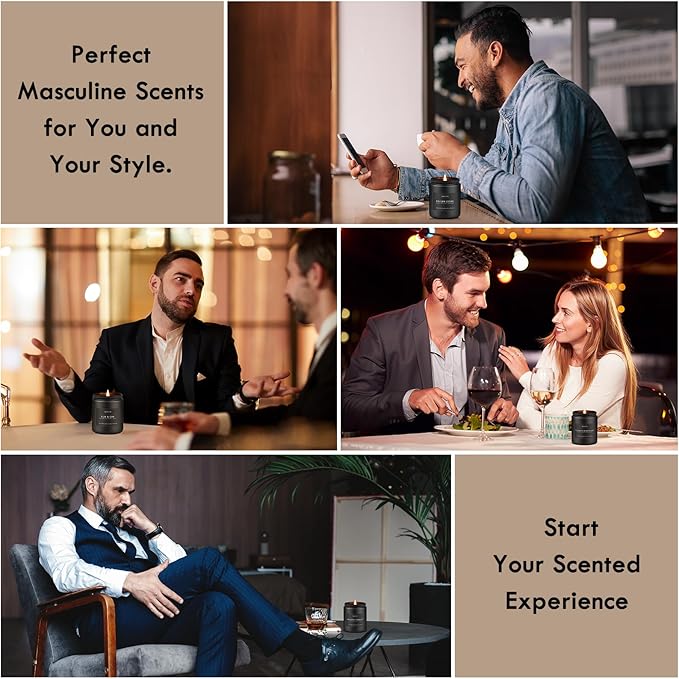 Scented Candles Set | Men Candle Set, 4 Pack Candles for Home, Gifts for Men - Aromatherapy Gifts for Dad Fathers Day, Soy Candle Scent of Smoke & Vanilla/Rum Oak/Vintage Leather/Amber Patchouli