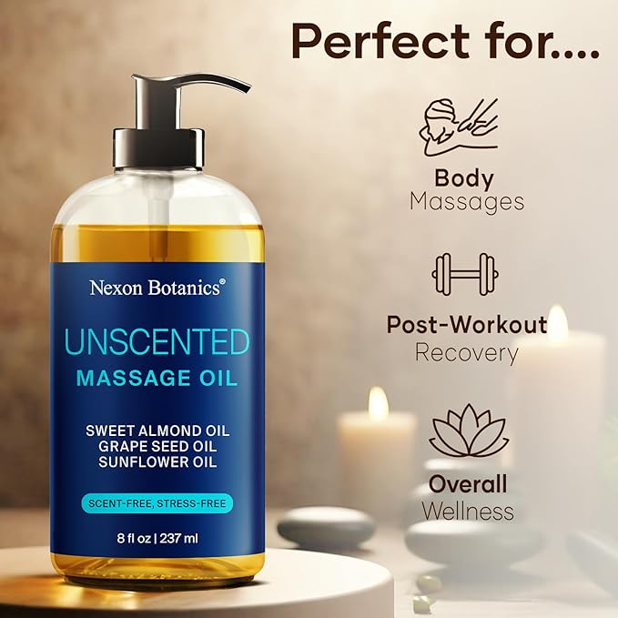 Unscented Massage Oil for Massage Therapy 8 fl oz - Refreshing and Relaxing - Natural Oils with Sweet Almond, Grape Seed and Sunflower Oil - for Men and Women - Nexon Botanics