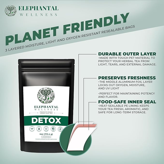 Elephantal Wellness Premium Detox Herbal Tea | Daily Liver, Kidney, Blood & Digestive Support with Turmeric, Milk Thistle, Dandelion & Burdock | Non-GMO, Handmade, Caffeine-Free Loose Leaf Blend - 4oz, 40 Servings