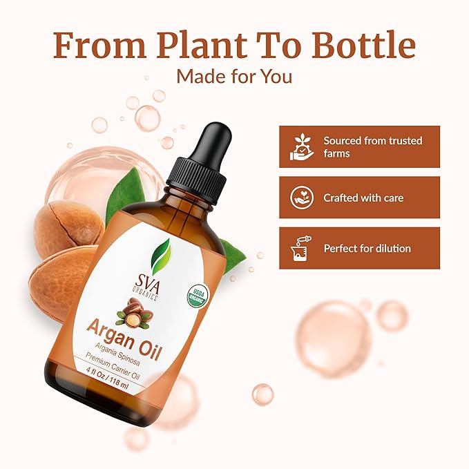 SVA Argan Oil Organic - 4 Fl Oz – 100% Natural Cold Pressed Organic Argan Oil - for Face, Skin Care, Hair Care, Scalp Massage & Body Massage – Carrier Oil with Dropper