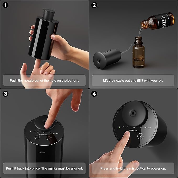 Airversa Waterless Essential Oil Diffuser Starter Kit with 30mL Hotel Fragrance Oil Inspired by Blagio, Battery Operated Car Diffuser, Portable Aroma Nebulizer for Home Car Office, AN6Kit-4, Black