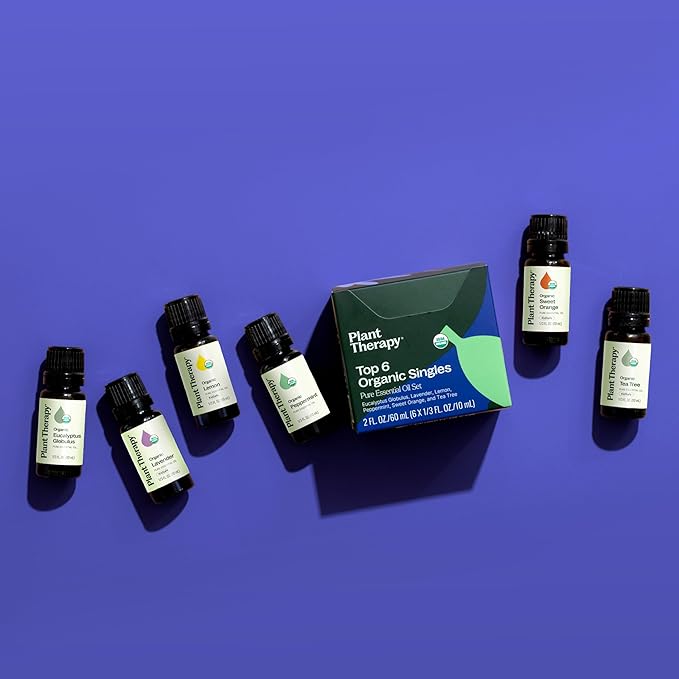 Plant Therapy Top 6 USDA Organic Essential Oil Set - Lavender, Peppermint, Eucalyptus, Lemon, Tea Tree 100% Pure, Natural Aromatherapy, for Diffusion & Topical Use, Therapeutic Grade 10 mL (1/3 oz)