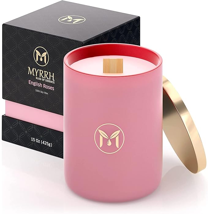 MyrrhUSA Rose Scented Candle – 15 oz Natural Soy Wax with Crackling Wooden Wick & Essential Oils | 80 Hour Burn | Luxury Aromatherapy Candle for Relaxation, Home Décor, Living Room & Bathroom