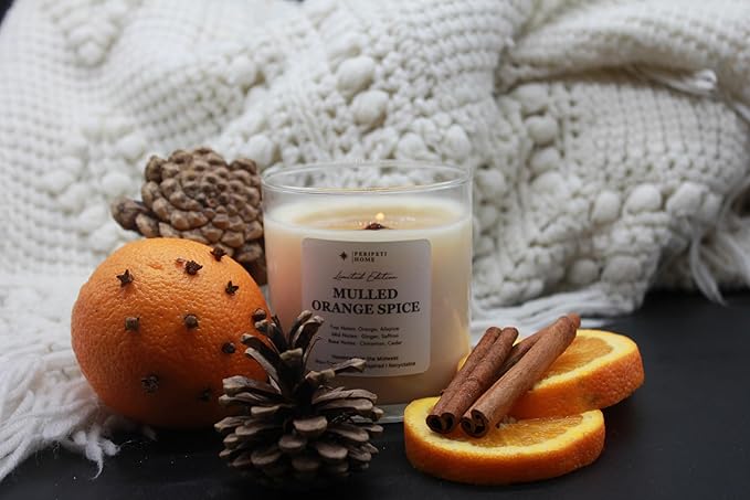 PERIPETI Home Mulled Orange Spice Scented Candle, Wooden Wick – 8.5oz Natural Soy Wax for Energizing Aromatherapy, Long-Lasting Burn