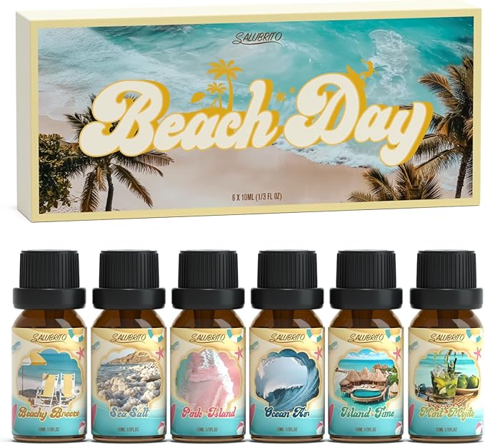 SALUBRITO Beach Fragrance Oils Set, Summer Essential Oils for Diffuser, Candle, Soap Making, Beachy Breeze, Sea Salt, Pink Island, Ocean Air, Island Time, Mint Mojito Scented Oil