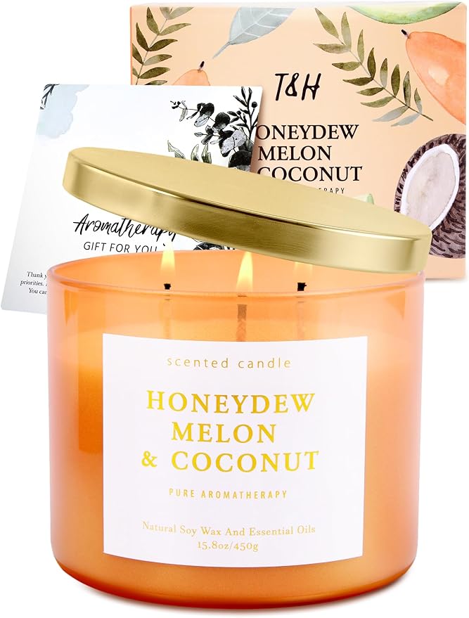 Honeydew Melon Coconut 3-Wick Soy Candle, 15.8 oz | Large Melon Coconut Fruity Scented Candle for Home | Highly Scented Aromatherapy Candle for Relaxation & Stress Relief | Gift for Women & Men