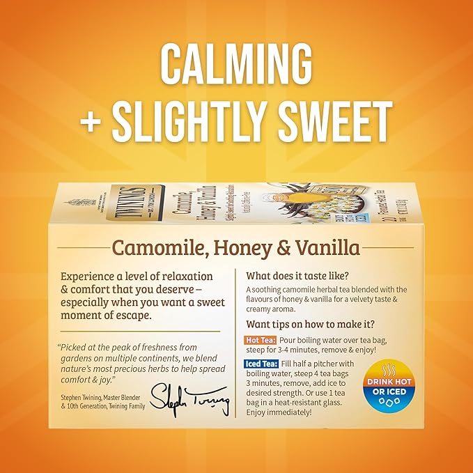 Twinings Camomile, Honey & Vanilla Herbal Tea Individually Wrapped Bags, 20 Count (Pack of 6), Naturally Caffeine-Free, Enjoy Hot or Iced, 120 Teabags