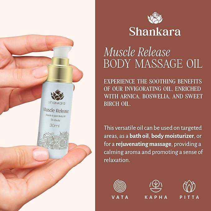 Shankara Muscle Relief Oil – Body Massage Oil for Sore Muscles and Joints with Arnica, Boswelia & Sweet Birch – Gua Sha, Ayurvedic Massage Therapy, Post Gym, Relaxation (30ml)
