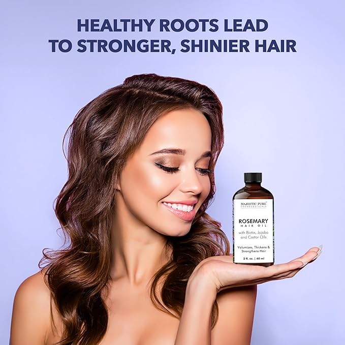 Majestic Pure 100% Pure Rosemary Oil For Hair Growth - Strengthening, Nourishing, Volumizing - Infused with Biotin Oil, Jojoba Oil & Castor Oil - Non GMO Verified - 2 Fl Oz