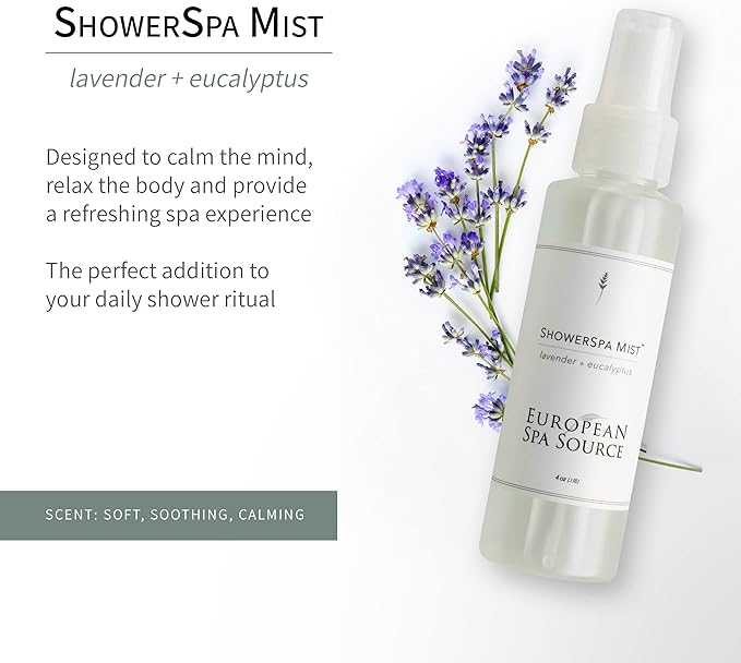 European Spa Source Lavender + Eucalyptus ShowerSpa Mist Spray for Aromatherapy, at Home Spa Experience, Sinus Congestion Relief, and Tension Relief, 4 fl oz.