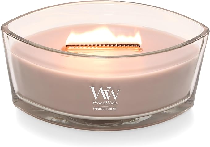 WoodWick Patchouli Crème Gifts for Women and Men, 16 oz Ellipse Candle with Crackling Wick