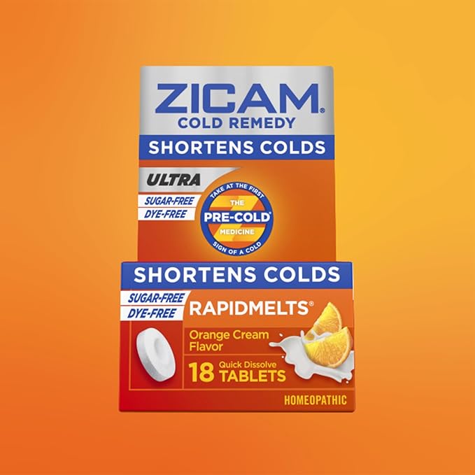 Zicam Ultra Cold Remedy Zinc Rapidmelts, Orange Cream Flavor, Homeopathic, Cold Shortening Medicine, Shortens Cold Duration, Sugar-Free, Dye-Free, 18 Count
