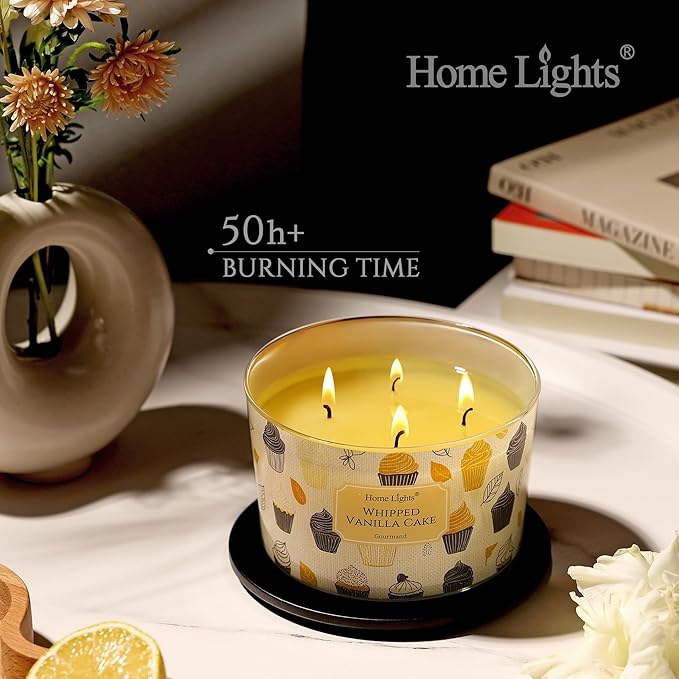 HomeLights Scented Candles for Women & Men, 18oz Candle Jars Aromatherapy 4-Wick Candle, Ideal for Rustic Modern Home Decor and Gifts, Whipped Vanilla Cake