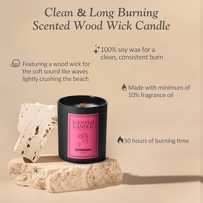 Scented Candles 100% Soy Wax Candles for Home: 8oz Wood Wick Soy Candles Gift for Men & Women - Strong Fragranced Aromatherapy Candles 50+ Hour Burn Time