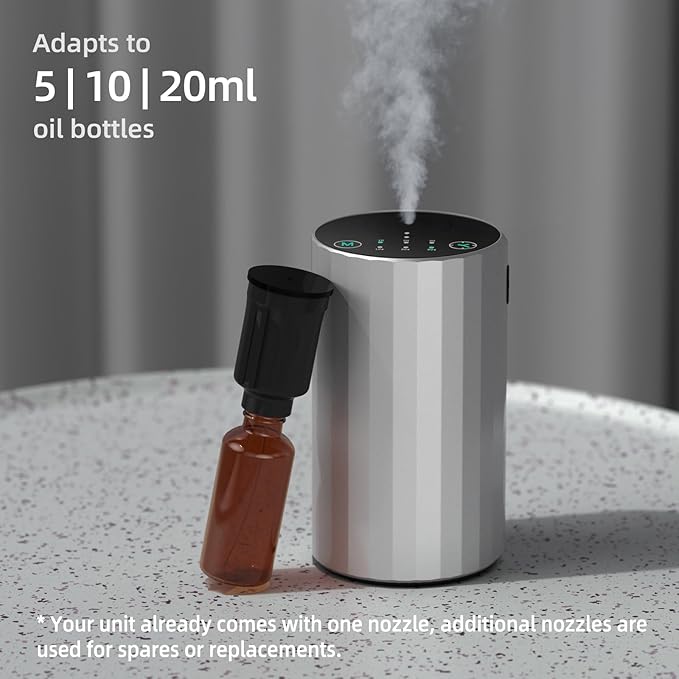 Waterless Essential Oil Diffuser Aromatherapy Scent Diffusers for Home Large Room, Bedroom, Car, Office, Desk, Battery Operated Mini Portable Air Freshener (Silvery)