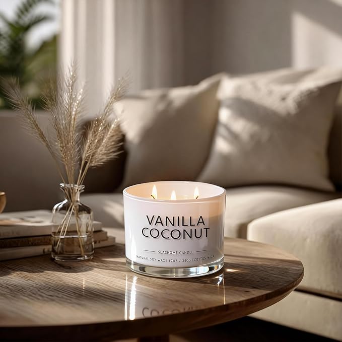 Vanilla Coconut Scented Candle, Luxury Large 3 Wick Soy Candle 12 Oz, 60+ Hour Long Lasting Clean Burn, Elegant Aromatherapy Home Decor, Housewarming & Birthday Gift for Men & Women