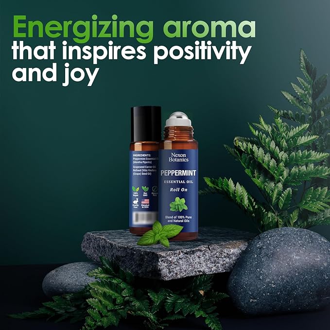 Peppermint Essential Oil Roll-On 10 ml - Pure, Natural & Prediluted Blend with Fresh Minty Aroma - Roller for Aromatherapy & Headache Relief - Nexon Botanics