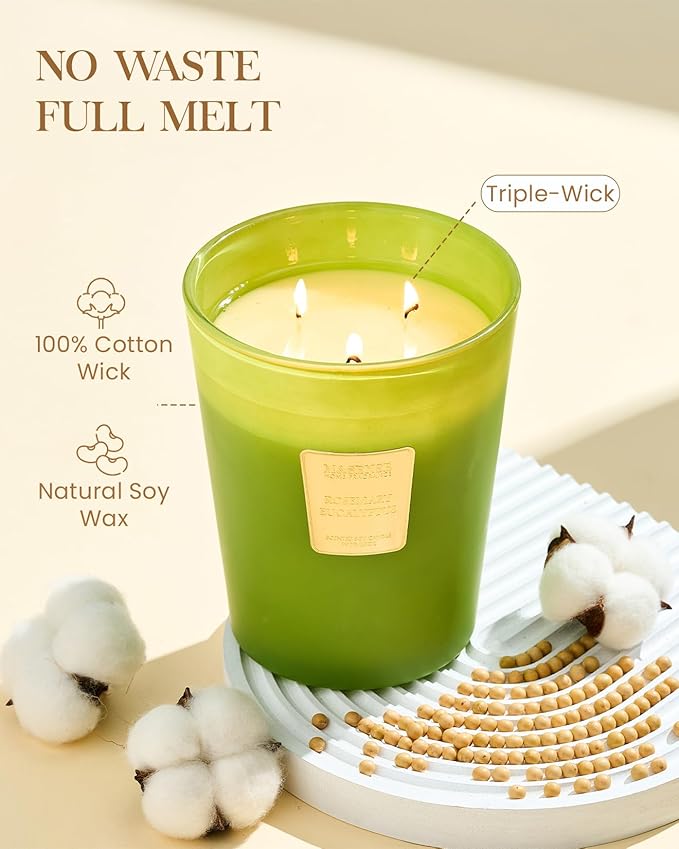 M&SENSE Rosemary Eucalyptus Soy Large Candles, 3-Wick 35oz 150H Slow Burning, Aromatherapy Candle for Bathroom Freshness Winter Housewarming