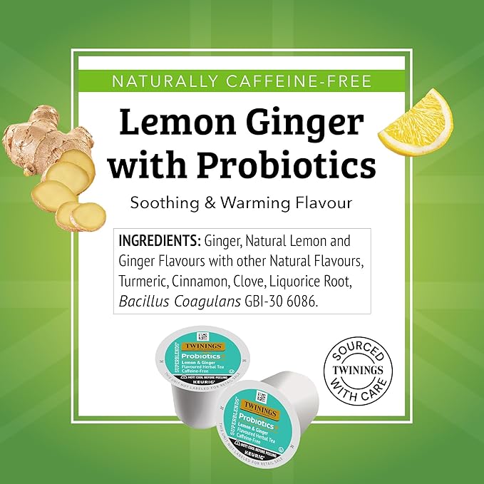 Twinings Probiotics+ Lemon & Ginger Herbal Tea 72 K-Cup Pods for Keurig, 12 Count (Pack of 6), Supports Digestive Health, Naturally Caffeine-Free, Enjoy Hot or Iced