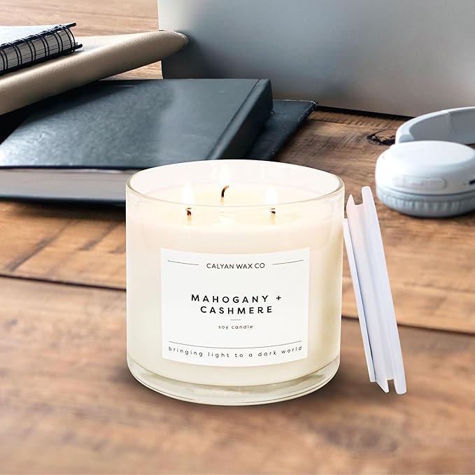 Calyan Wax Co. Mahogany & Cashmere 3 Wick Scented Candle - 43 Hour Burn - Luxury 3 Wick Soy Candles - Non Toxic Soy Wax Candles - Long Lasting Large Glass Jar Candle for Home - 14.9oz