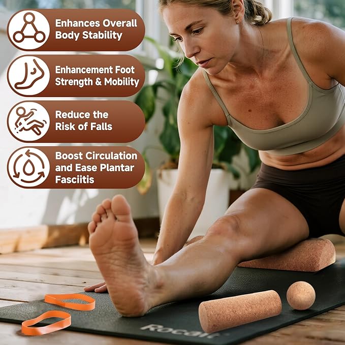 Rocalt Cork 4 In 1 Balance Board + 2 Pack Cork Yoga Blocks, Premium Cork Foot & Ankle Strengthener Kit, Half Moon Yoga Block & Calf Stretching