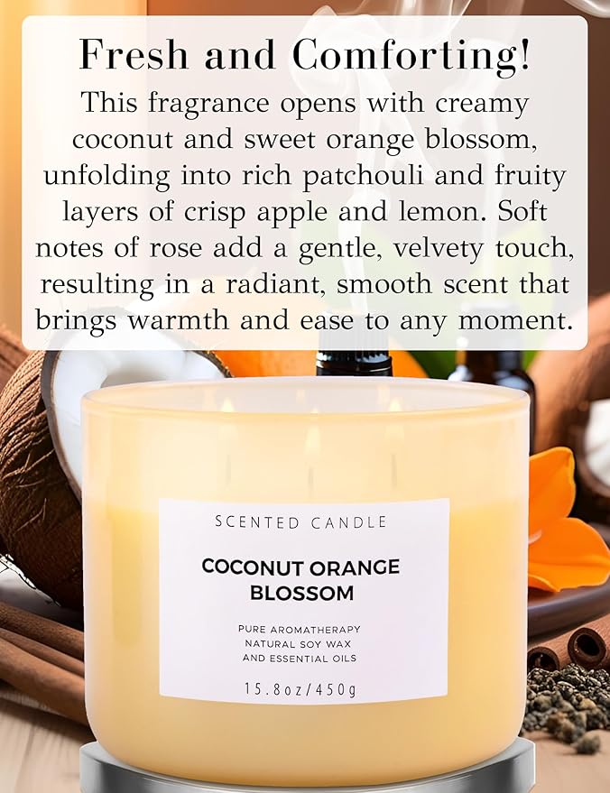 Coconut Orange Blossom 3 Wick Soy Candle, 15.8 oz - Tropical Coconut Scented Candle for Aromatherapy Stress Relief - Clean Burning, Long Lasting, Highly Scented Soothing Candles for Home