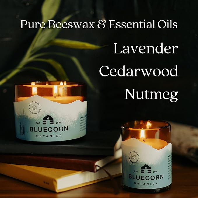 Bluecorn Beeswax Large 3-Wick Candle, 100% Pure Beeswax with Cedarwood, Nutmeg & Lavender Essential Oils, Amber Glass, Soy Free, Clean Burning Candle Wax, Long Lasting, Home Decor, 22 Oz, 1 Count