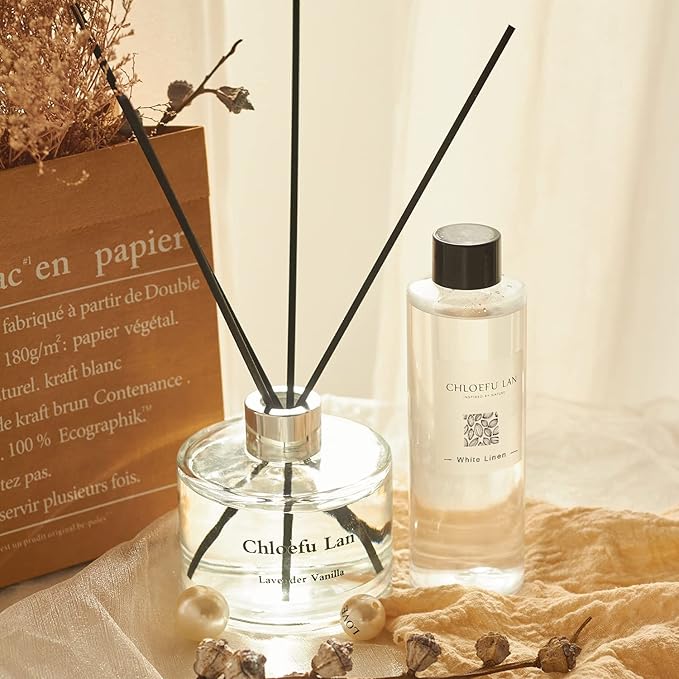 Chloefu LAN Fresh Linen Reéd Diffuser Refill 200ml/6.76 fl oz, Natural Essential Scented Oil, Best for Aromatherapy, SPA and Home, 0% Alcohol, A Fresh Clean Cotton Scent, Free Set of Sticks