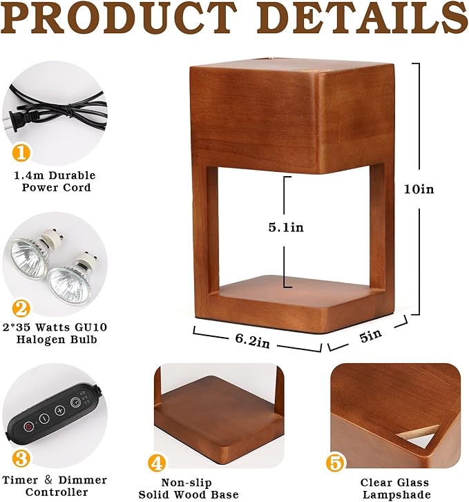 Candle Warmer Lamp Wood with Timer, Dimmable Electric Candle Lamp Warmer for Jar Candles, 2 * 35 Watt Bulb, Birthday Gifts for Men, Decorative Wooden Candle Lamp for Bedroom Home Decor