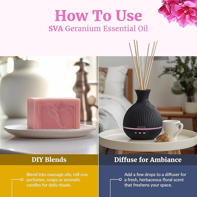 SVA Geranium Essential Oil Organic – 1 Fl Oz – 100% Natural Organic Geranium Oil - for Diffuser, Hair Care, Face, Skin Care, Aromatherapy, Scalp and Body Massage, Soap and Candle making – with Dropper