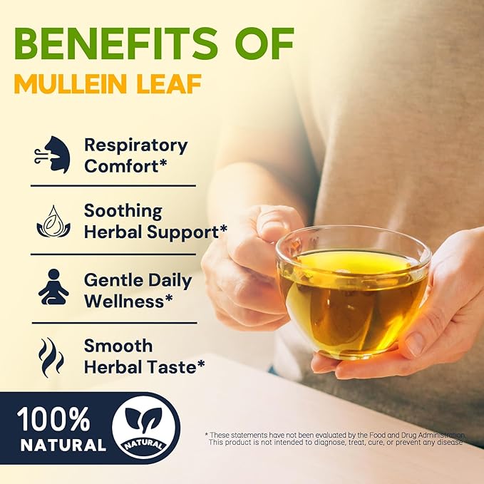 Hiihone Mullein Leaf Tea Bags for Lung Support, 20 Tea Bags, 100% Natural Herbal Tea from Mullein Leaves, Caffeine Free, No Sugar, No Additives