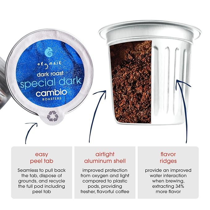 Cambio Roasters Premium Dark Roast Keurig Organic Coffee K Cups, Only Aluminum Keurig Coffee Pods with Organic Beans, More Flavor & Longer Lasting Freshness, Bold & Smooth Dark Roast Pods, 60 count