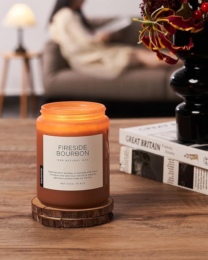 M&SENSE Fireside Bourbon Scented Candles, 2 Wick Jar Candle 19.4oz 110 Hour Long Lasting, Organic Natural Soy Wax Candle for Bedroom Kitchen Home Decor, Warm Housewarming Gifts for Men Women