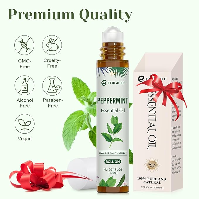 Peppermint Essential Oil Roll On, Natural & Prediluted Oil Blend Roller with Fresh Minty Aroma - Aromatherapy & Headache Relief