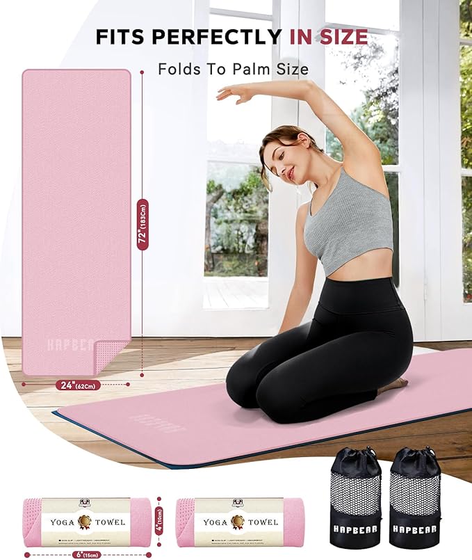 HAPBEAR 2 Pack Hot Yoga Towel - Non Slip Yoga Mat Towel with Grip Dot, Super-Absorbent, Soft Microfiber Towel for Hot Yoga, Pilates and Fitness