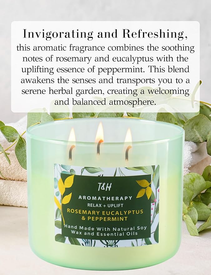 Rosemary Eucalyptus Peppermint 3-Wick Soy Candle 15.8 oz | Large Stress Relief Eucalyptus Candle for Home | Aromatherapy Relaxation Candles for Men & Women | Highly Scented, Long-Lasting Clean Burn