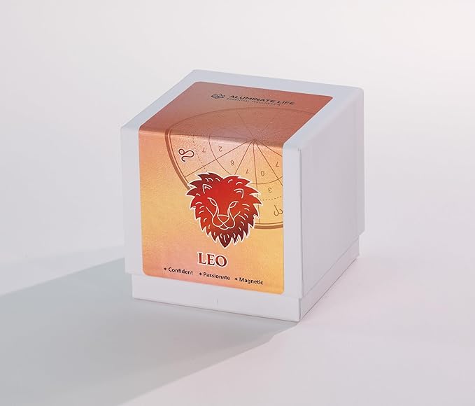Luxury Glass Jar Candle, Leo Zodiac Sign, 8.8 oz - Crystal Infused - Scents of Ozone, Chili Pepper, Mandarin &and Coconut - USA Made, Coconut-Soy Wax, Essential Oils, Dr. Developed