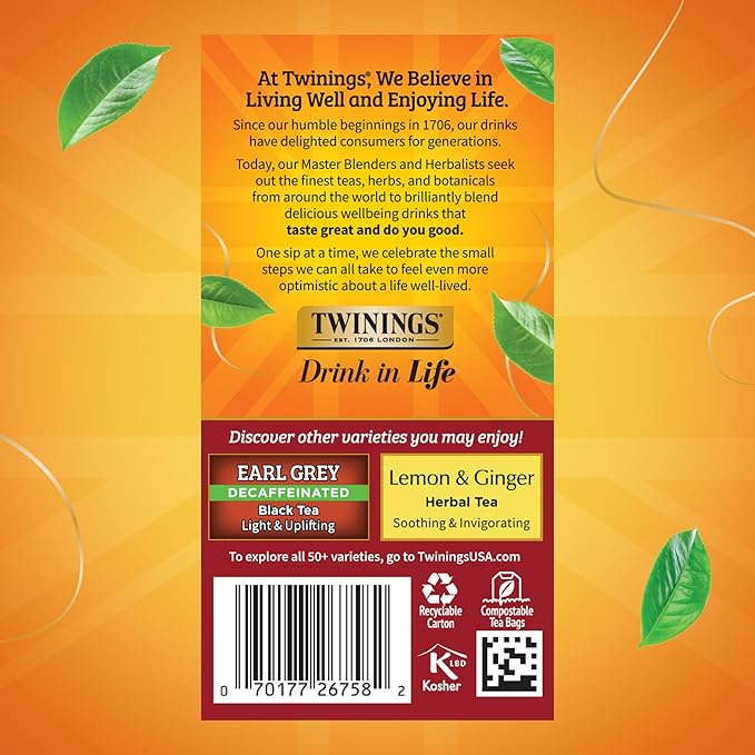 Twinings Decaffeinated Chai Individually Wrapped Bags, 20 Count (Pack of 1), Sweet, Savoury Spices, Enjoy Hot or Iced, 20 Teabags