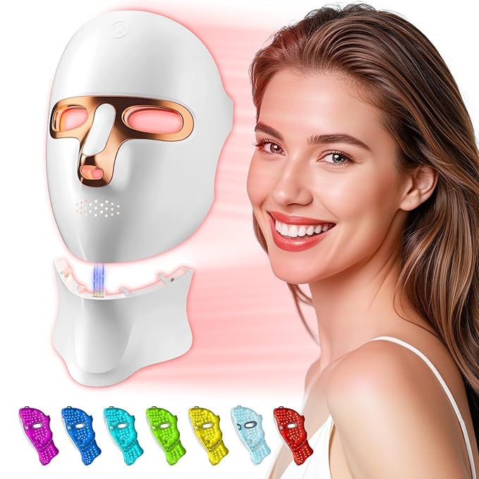 Red Light Therapy Mask for Face & Neck, LED Face Light Therapy,USB C Rechargeable,Infrared Mask for Home Working Travel Yoga (White Gold)