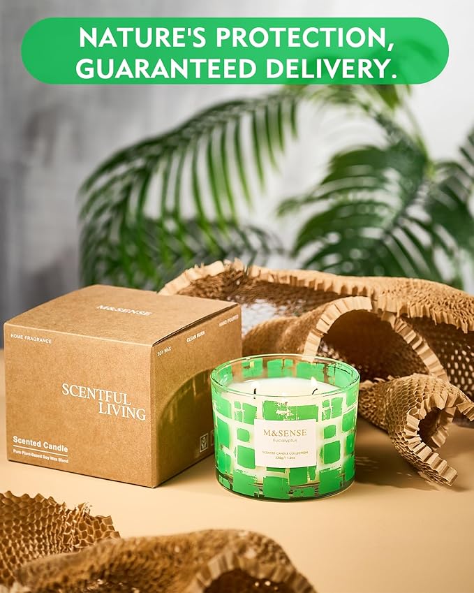 M&SENSE Eucalyptus Scented Candle, Soy Wax 11.6oz 60 Hours Long Lasting Burn, 3 Wick Organic Highly Scented Holiday Candle for Home, Party Ambiance, Fall/Winter Relaxing Gifts for Women