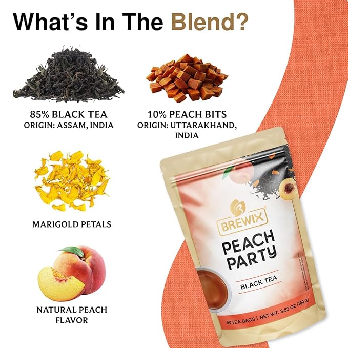 BREWIX, Peach Black Tea (50 Plant Based Pyramid Bags) | Premium Black Tea with Peach | Floral & Refreshing | Iced or Hot | Caffeinated And Sugar-Free